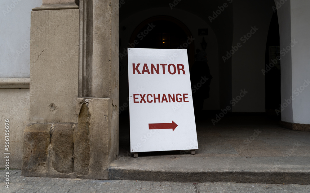 Akntor String. Sign Word kantor in Polish language, means currency exchange. Sidewalk sign ...