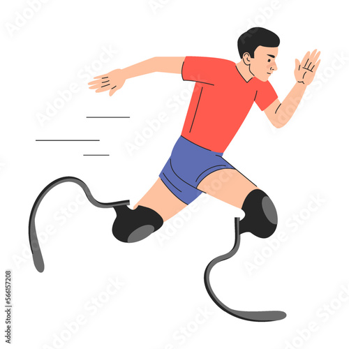Disabled man running vector isolated. Athlete with prosthetic legs. Amputee takes part in running competition. Paralympic games.