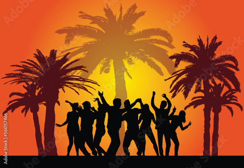 Dancing silhouettes of people under the palm trees. 