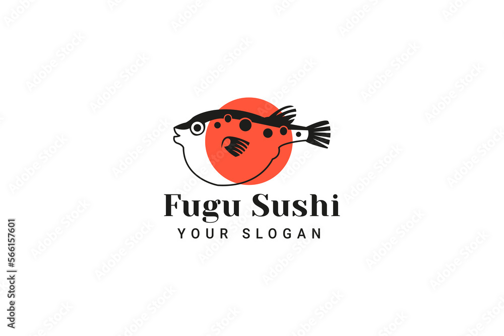 Puffer Fish Logo Japanese Food. Fugu Sushi Logo Template. Blowfish Logo
