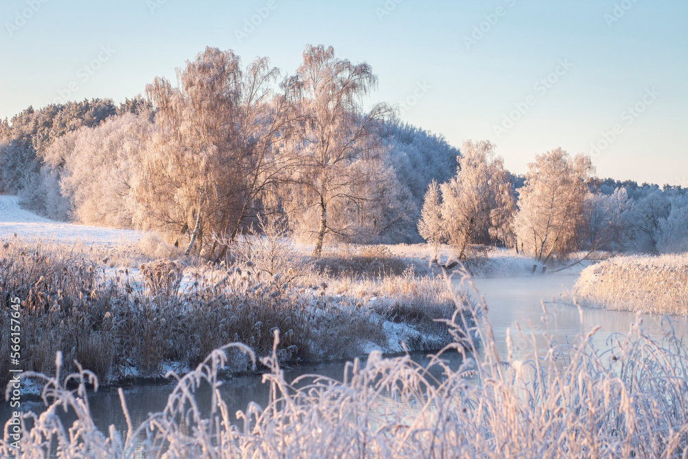 Beautiful sunny landscape of nature in early spring. View of forest edge from river. Foggy above river. The trees and dry grass near river covered hoarfrost.