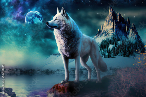 Beautiful white wolf standing on a rock next to a lake, Generative AI