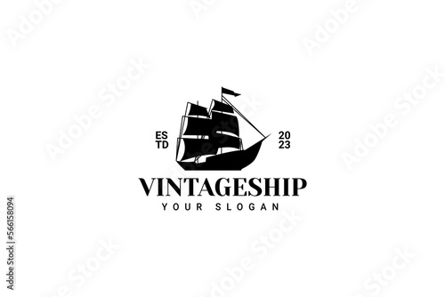 Fényképezés Sailing Ship Vintage Illustration On Logo Badge