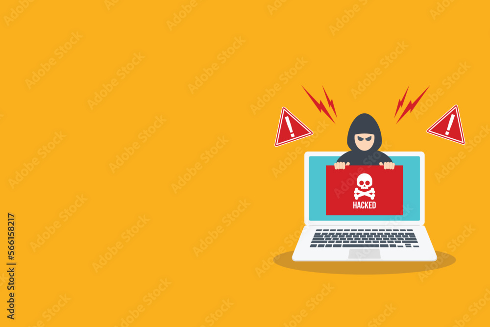 Hacker warning on laptop. Emergency alert of threat by hacker. Hacking concept. Flat vector illustration. Hacker warning on laptop. Emergency alert of threat by hacker. Hacking concept. Flat vector illustration.