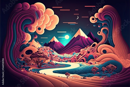 psychic wave stylised random landscape, film grain, retro colors, 3d elements