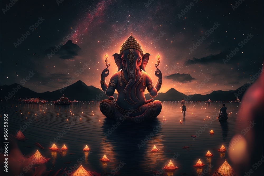 There are many galactic stars in the night sky of a huge massive GANESHA statue, with red lanterns rising in the sky, crowds watching the lantern festival. Generative AI Ganesha Festival. - obrazy, fototapety, plakaty 
