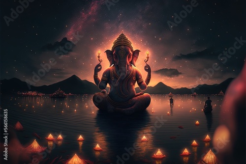 Photo There are many galactic stars in the night sky of a huge massive GANESHA statue, with red lanterns rising in the sky, crowds watching the lantern festival