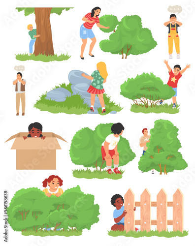 Kids playing hide and seek vector set