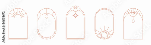 Minimal line boho arch and frame logo design elements set. Oval, arc, door shaped bohemian borders for logo, icon, social media post, story, emblem. Vintage retro vector design