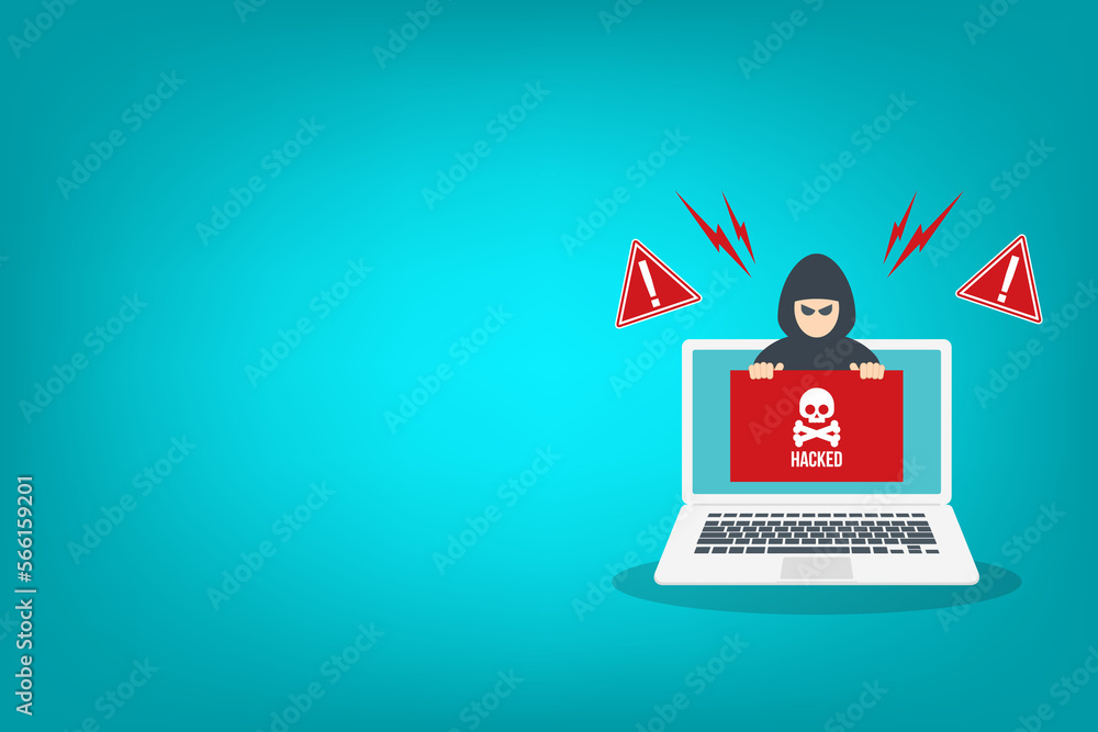 Hacker warning on laptop. Emergency alert of threat by hacker. Hacking concept. Hacker warning on laptop. Emergency alert of threat by hacker. Hacking concept.