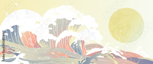 Traditional Japanese wave pattern vector. Hand painted oriental watercolor seawave splash pattern and moon background. Art design illustration for print, fabric, poster, home decoration and wallpaper.