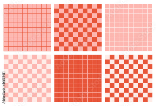 Retro checkered colorful set backgrounds. Abstract vector seamless pattern. Retro checkerboard in style 60s, 70s. Pink and red colors photo