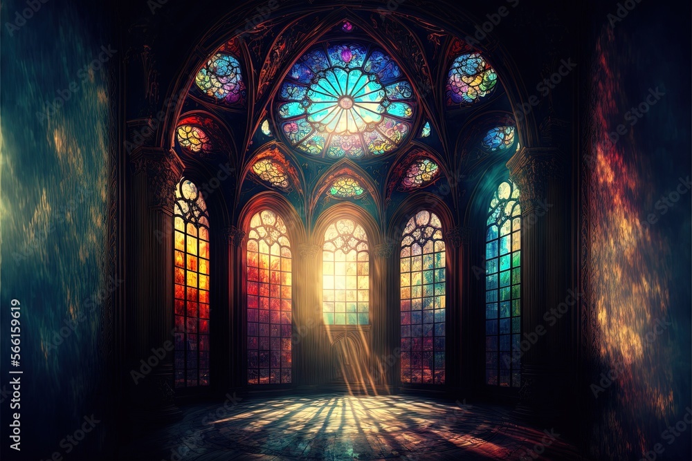 Generative AI Palace interior with high stained-glass windows made of ...