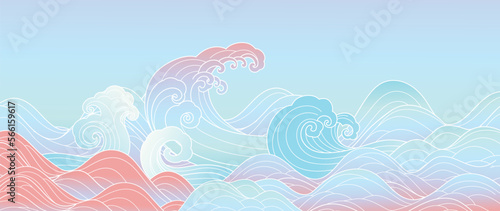 Traditional Japanese wave pattern vector. Luxury oriental ocean wave metallic golden line art pattern background. Art design illustration for print, fabric, poster, home decoration and wallpaper.