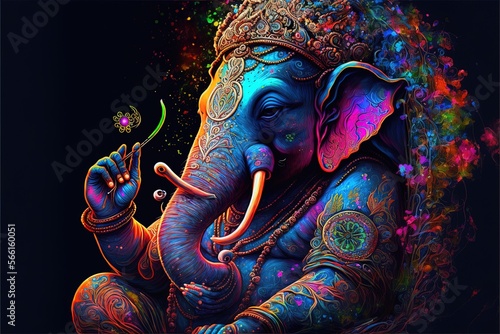 Generative AI on statue of Lord Ganesha , Ganesha Festival. Hindu religion and Indian celebration of Diwali festival concept on dark, red, yellow background and copy space