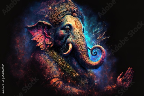 Generative AI on statue of Lord Ganesha , Ganesha Festival. Hindu religion and Indian celebration of Diwali festival concept on dark, red, yellow background and copy space