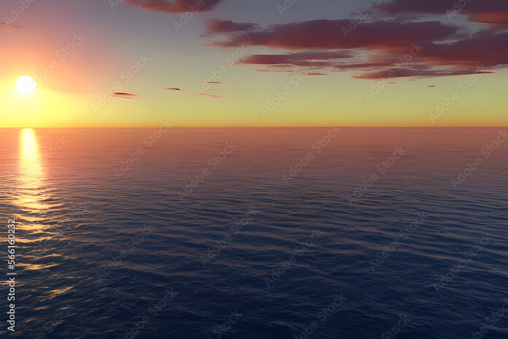 ocean water with sun set and clouds in the sky. Generative AI