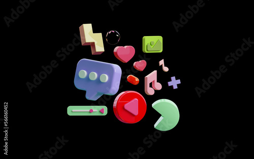 Abstract 3d rendering of geometric shapes, many icons, on the black background. Modern background for poster, cover, branding, banner, card. 3D render illustration.