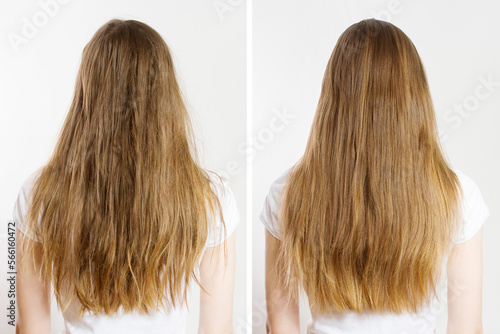 Closeup before-after unhealthy messy hair and clean brush healthy hairtype isolated on white background. Woman problem hair-type back view. Spit ends dry over-brushing hairstyle. Beauty care concept