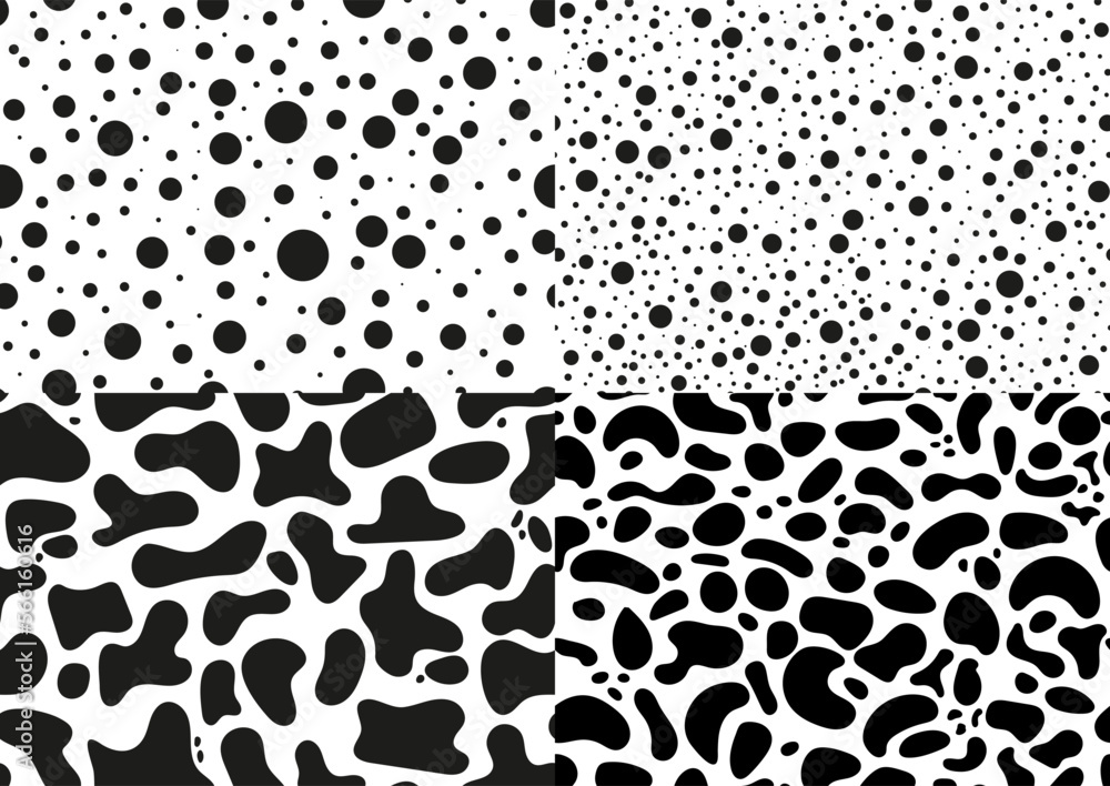 Dalmatian seamless pattern and circle spot texture set. Absract and round shapes design dog or cow animal print with skin black spots on white background for fibres and textile. Simple endless leather