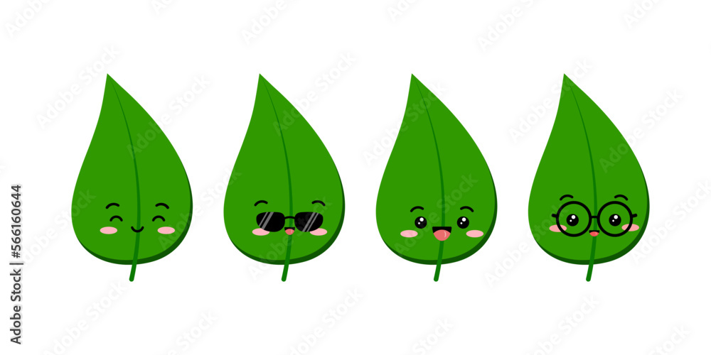 Cute leaf kid character with smile face emoticon set. Happy kawaii cartoon green leaves icon collection vector illustration.