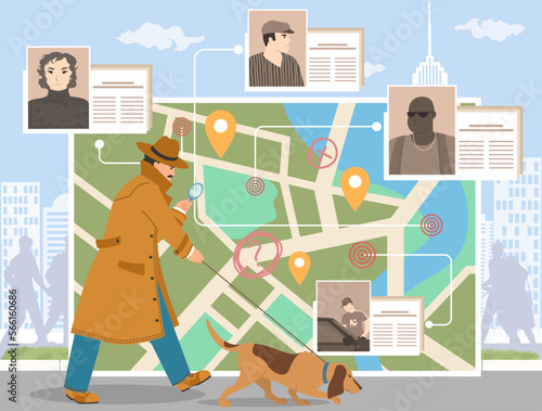 Detective with magnifying glass and tracker dog