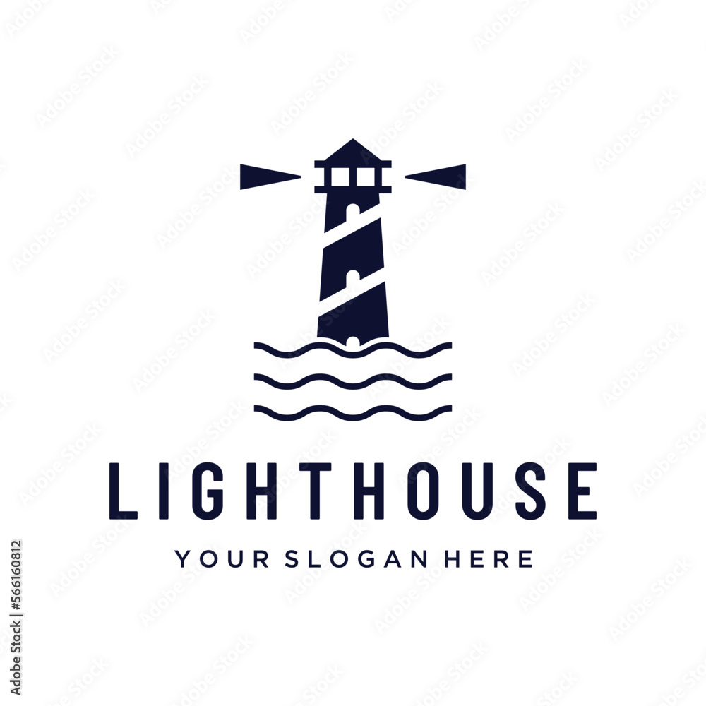 Sea lighthouse tower building creative Logo design with spotlights vintage vector template.