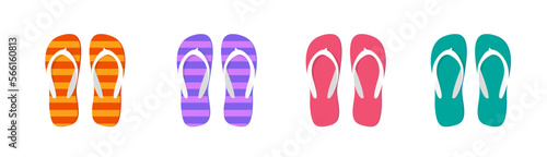 Flip flops beach sandals icon set vector isolated, flipflop rubber slippers shoes top view red pink green blue orange purple graphic design clipart illustration on white background clipart image