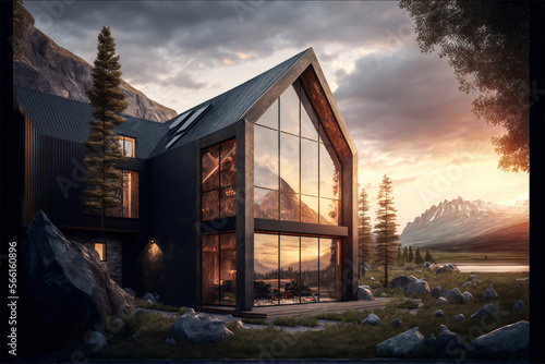 Huge modern design house with black facade in the nature. Warm colors. Designed using generative ai.