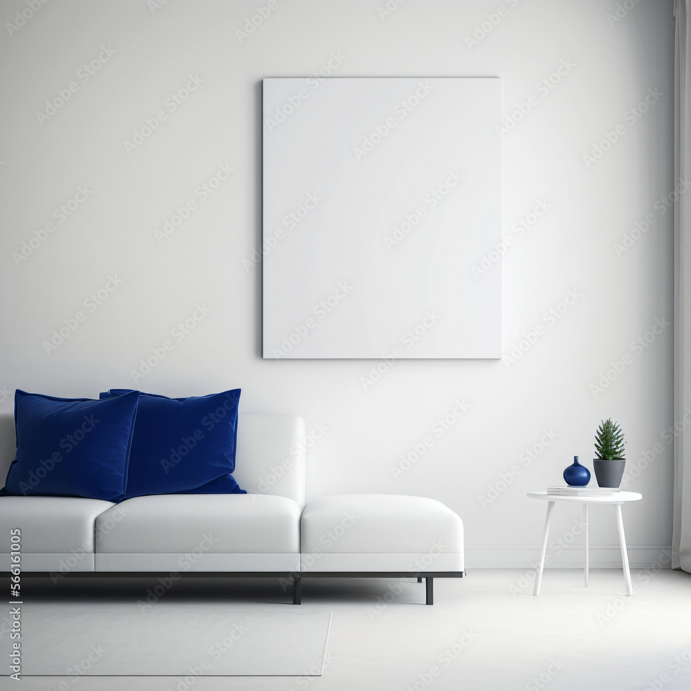 White blank canvas hanging on wall. poster mockup. Designed using generative ai. White blank canvas hanging on wall. poster mockup. Designed using generative ai.
