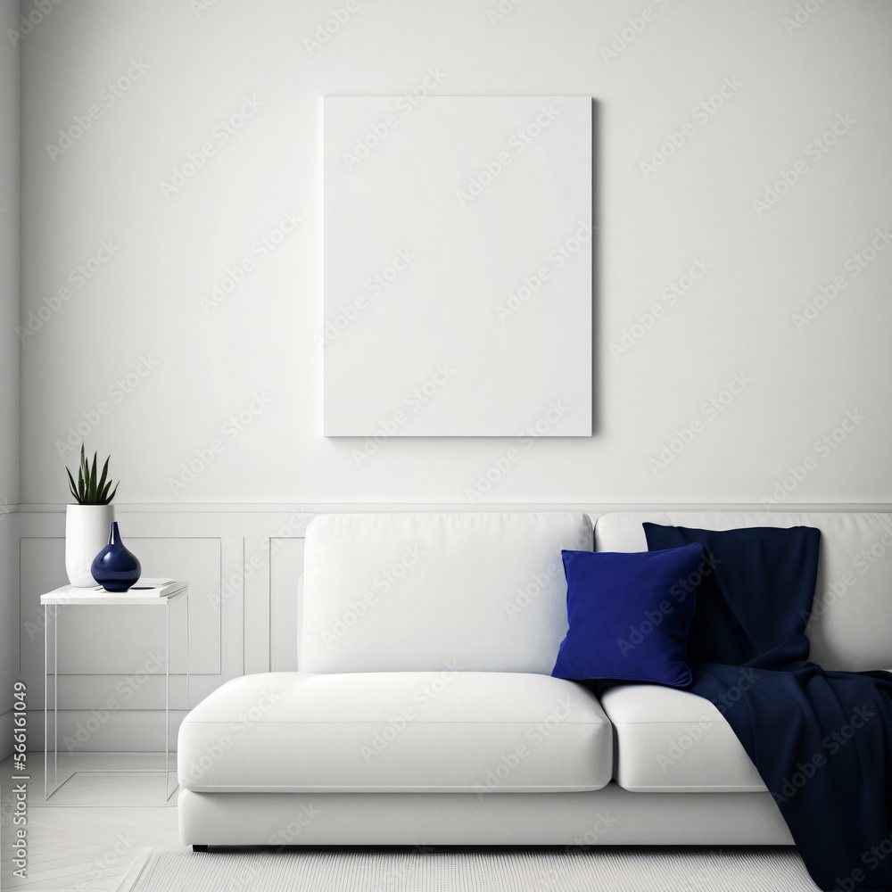 White blank canvas hanging on wall. poster mockup. Designed using generative ai. White blank canvas hanging on wall. poster mockup. Designed using generative ai.