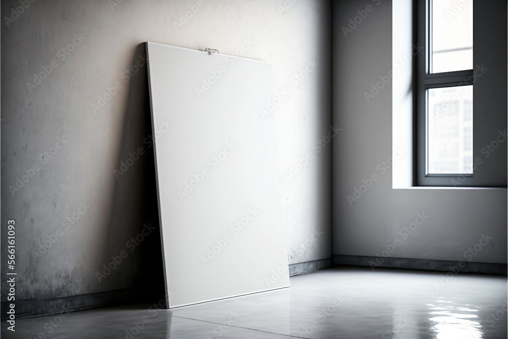 White blank canvas hanging on wall. poster mockup. Designed using generative ai. White blank canvas hanging on wall. poster mockup. Designed using generative ai.