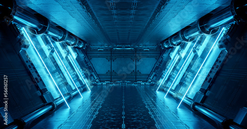 Fototapeta Naklejka Na Ścianę i Meble -  Blue spaceship interior with neon lights on panel walls. Futuristic corridor in space station background. 3d rendering
