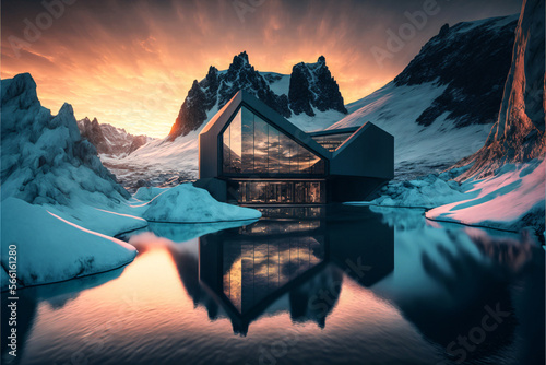 Huge design villa made of black concrete in winter landscape with mountain. Designed usinge generative ai. photo