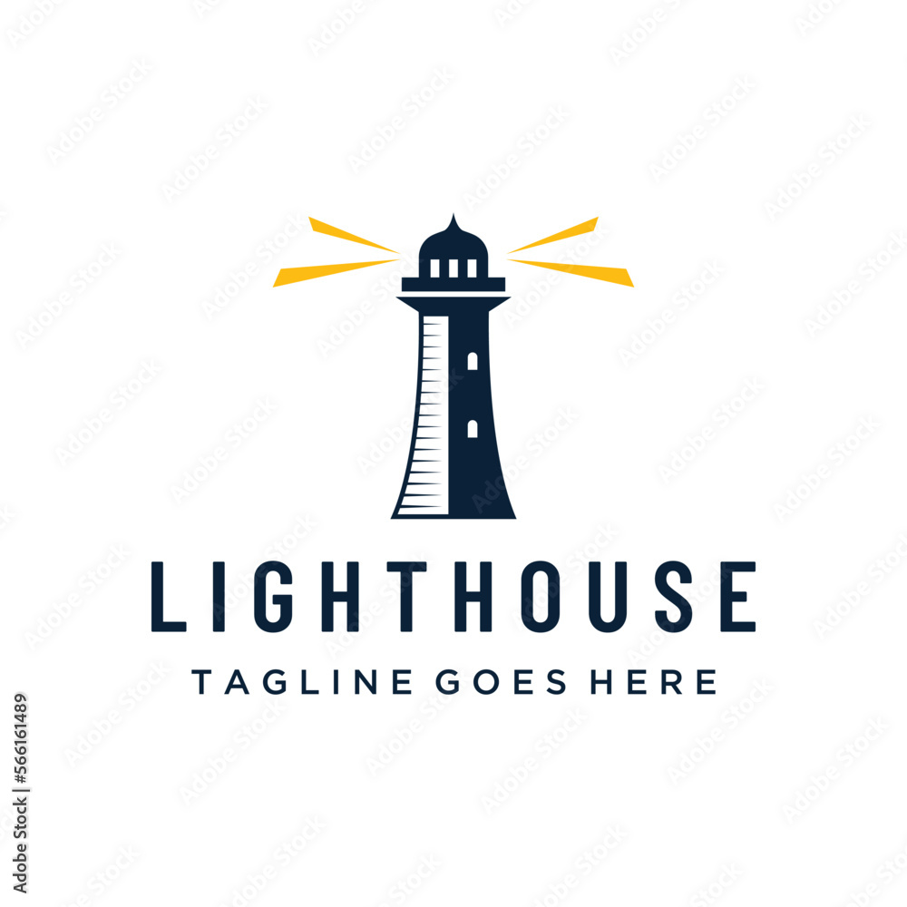 Sea lighthouse tower building creative Logo design with spotlights vintage vector template. Sea lighthouse tower building creative Logo design with spotlights vintage vector template.