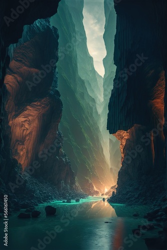 photo of dawn in a jade gorge with sheer cliffs in which huge sculptures of ancient Atlanteans Generative AI