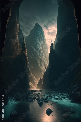 photo of dawn in a jade gorge with sheer cliffs in which huge sculptures of ancient Atlanteans Generative AI