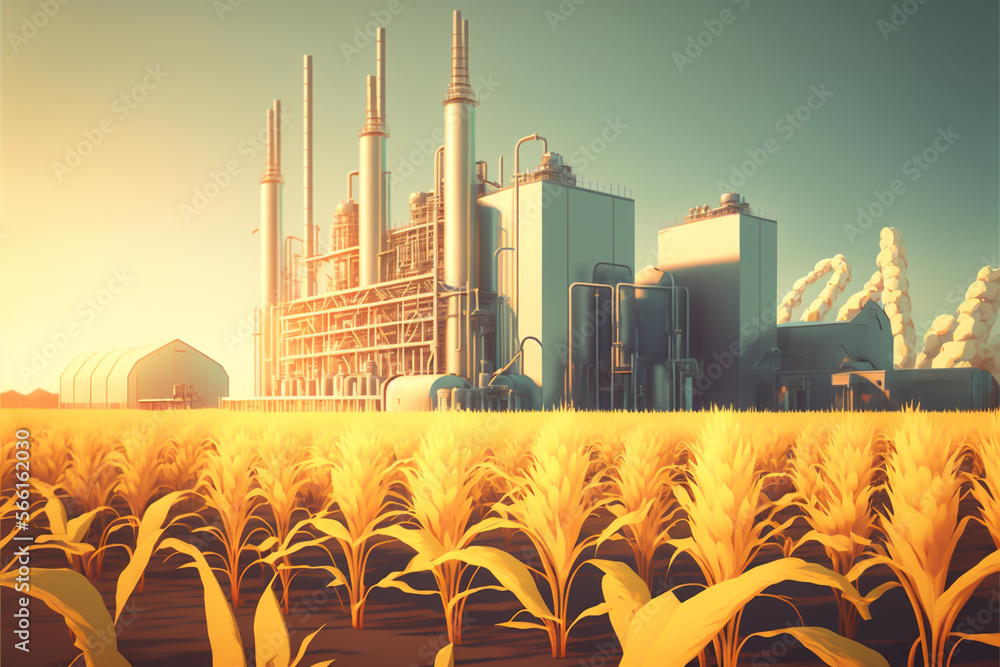 Biofuel production plant with cornfield plantations. Providing an ...