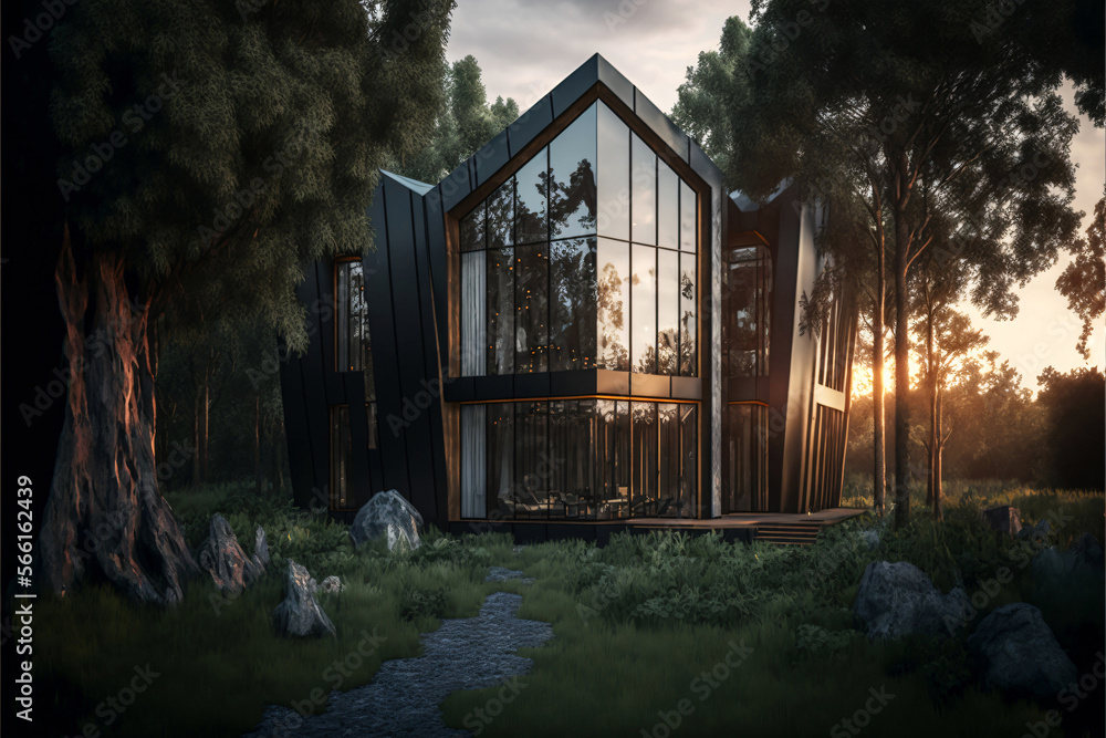 Huge modern design house with black facade in the nature. Warm colors. Designed using generative ai. Huge modern design house with black facade in the nature. Warm colors. Designed using generative ai.