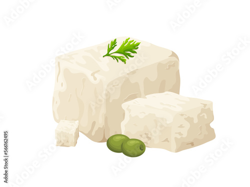 Feta soft cheese. Cartoon greek brined curd white peace made from sheeps milk. Delicious food of soy milk. Vegetarian product vector illustration