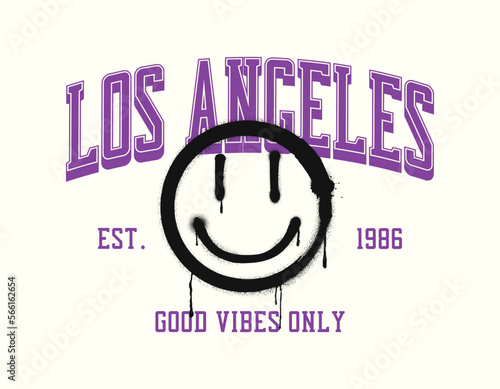 Los Angeles t-shirt design with college style text, graffiti smile and slogan - only good vibes. Tee shirt print with painted graffiti spray smile. Vector illustration.