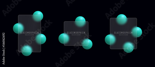 Glassmorphism banners set. Transparent glass plates on green 3d circles. Frosted acrylic or matte plexiglass plates in various rectangle shapes. Realistic glass morphism. Vector illustration.