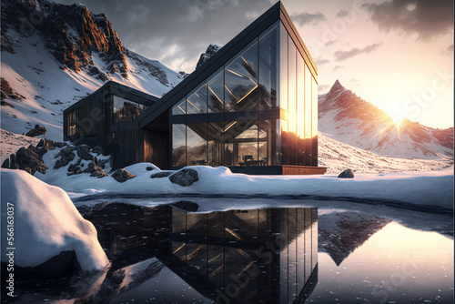 Huge design villa made of black concrete in winter landscape with mountain. Designed usinge generative ai. photo