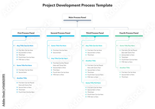 Project development process template with four stages. Simple flat template for data visualization.