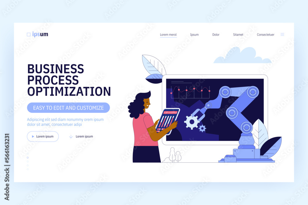 Automation business process vector illustration. Company strategy. Work organization. Project management, software development. Automated business system concept with robot arms and gears