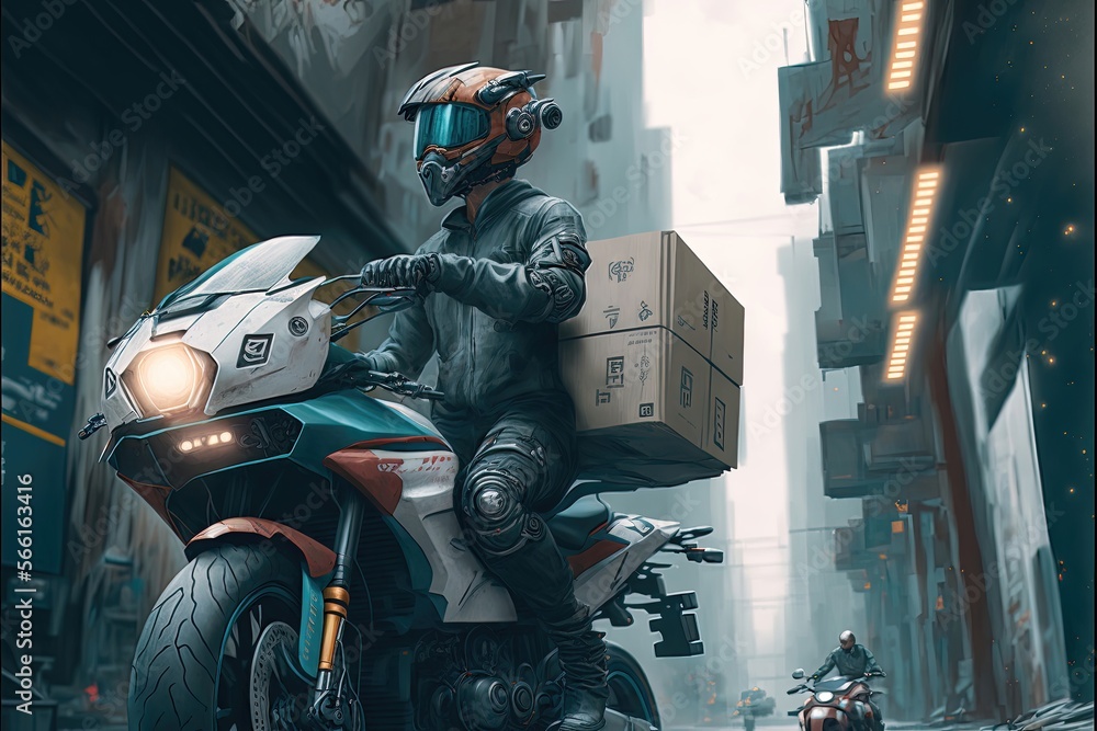 Human with motorbike delivery in a city. Generative AI Human with motorbike delivery in a city. Generative AI