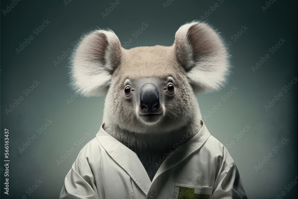 A koala in a lab coat looking focused. Generative AI A koala in a lab coat looking focused. Generative AI