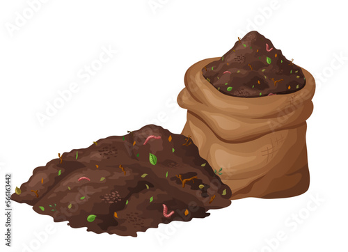 Organic soil heap for compost, garden recycling natural garbage. Earth worms and biodegradable trash. Vector illustration