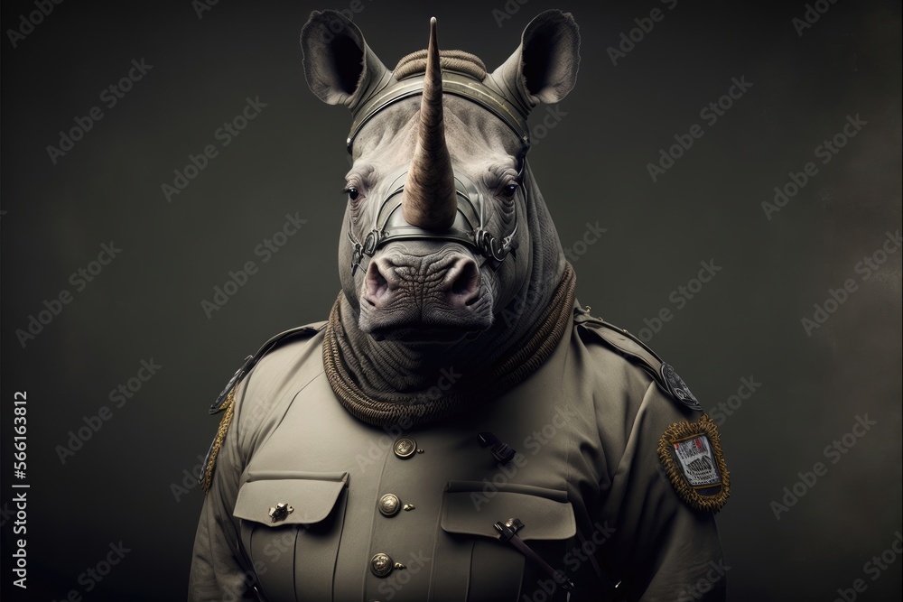 Rhinoceros in a soldier uniform. Generative AI