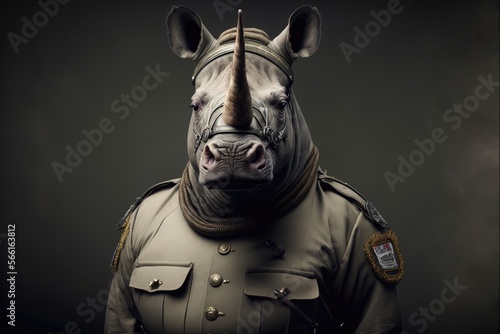 Rhinoceros in a soldier uniform. Generative AI